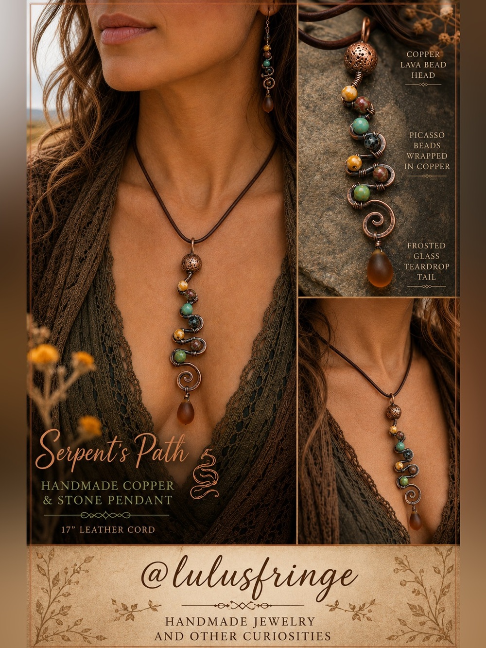 Serpent Pendant Artisan Designed | Boho Jewelry | Snake Necklace